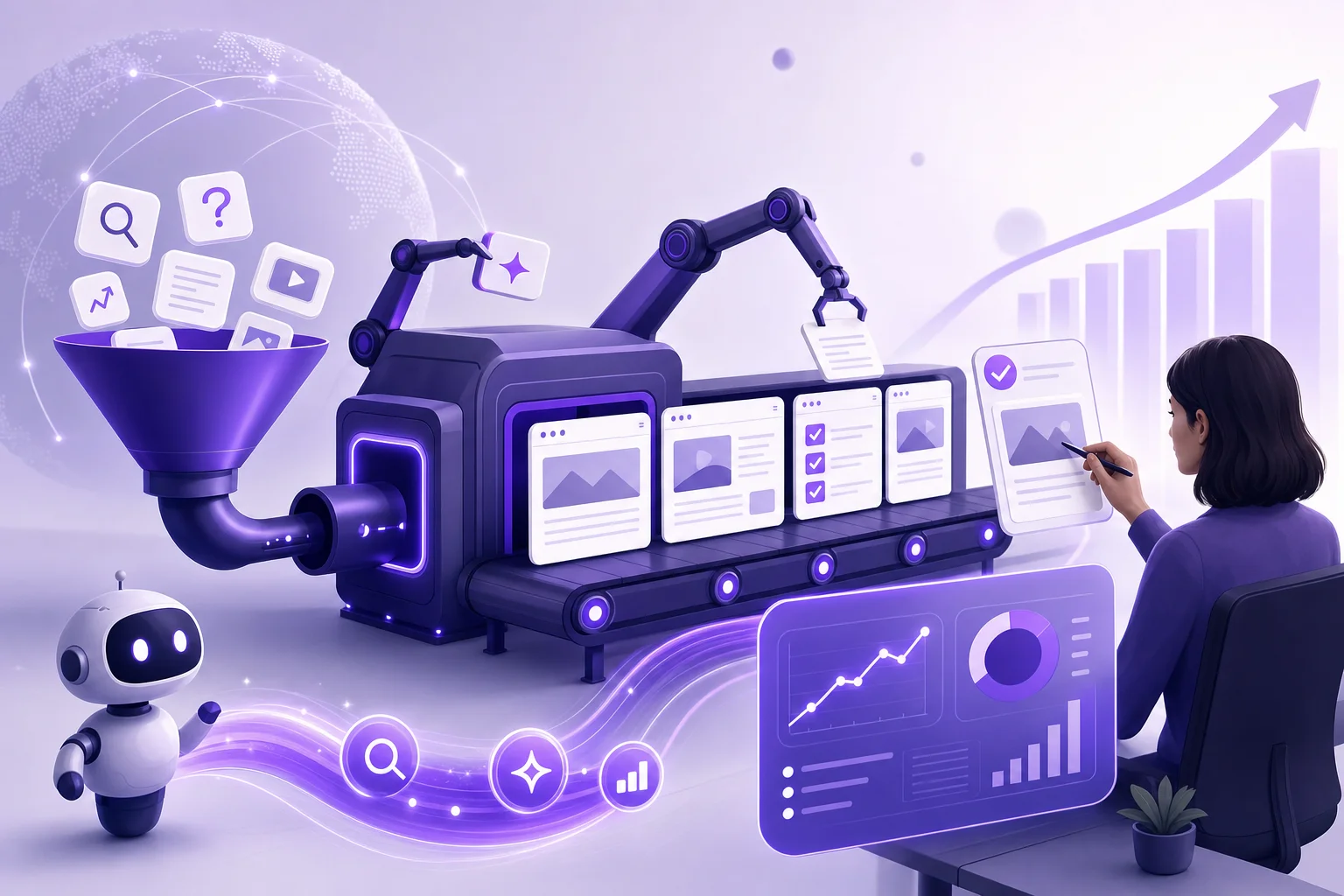 SEO content automation workflow dashboard for a small marketing team