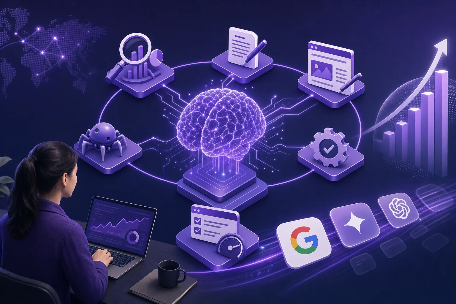 how AI SEO tools work - Marketer reviewing an automated SEO workflow dashboard on a laptop