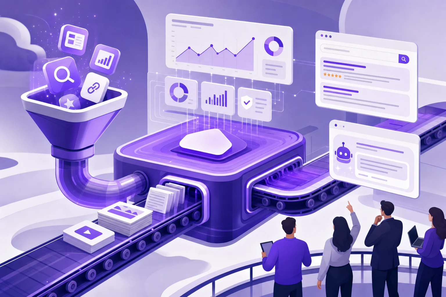 Business team comparing SEO automation platform dashboards and ROI data