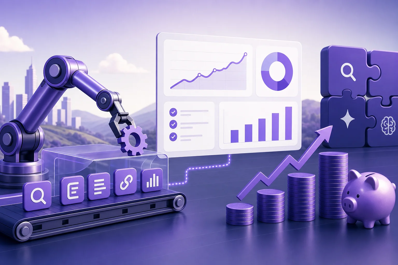 SEO automation ROI dashboard showing cost, hours saved, and payback metrics