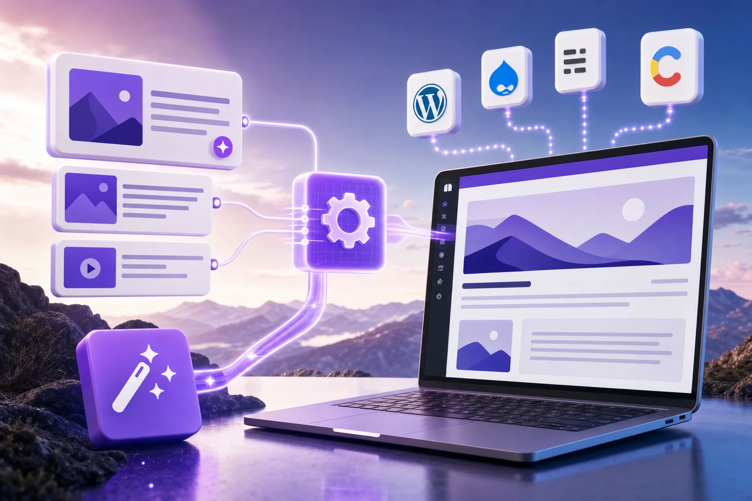 automated publishing to CMS - Developer reviewing a CMS dashboard and publishing workflow on a laptop