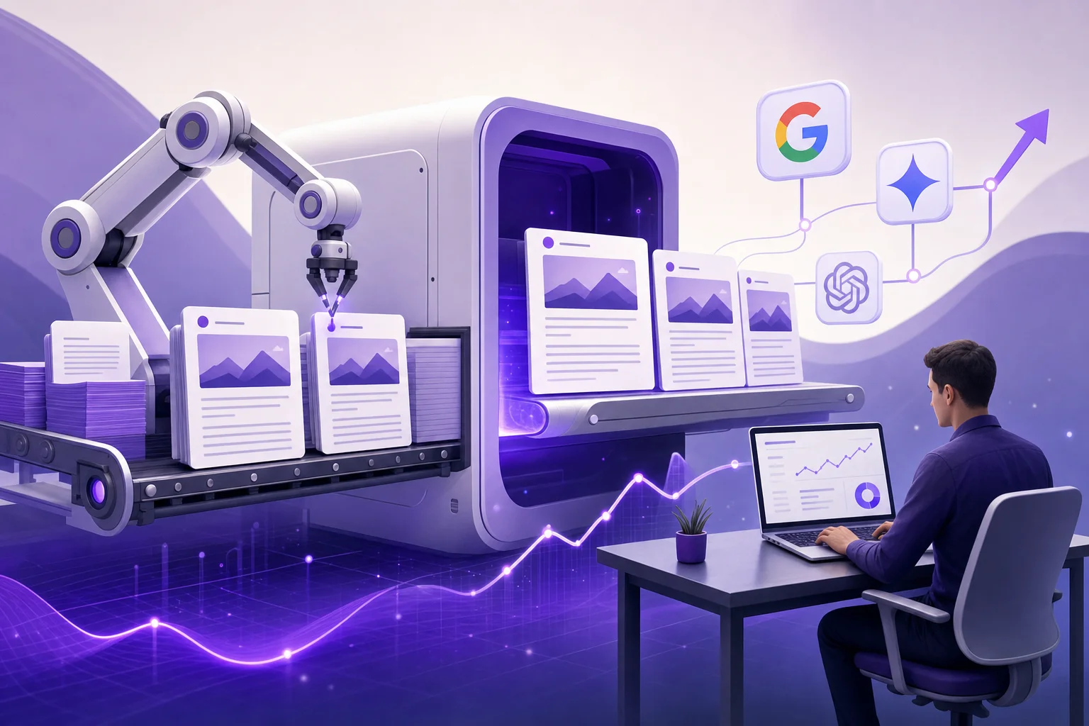automating seo content - Team reviewing an automated content workflow dashboard on a laptop
