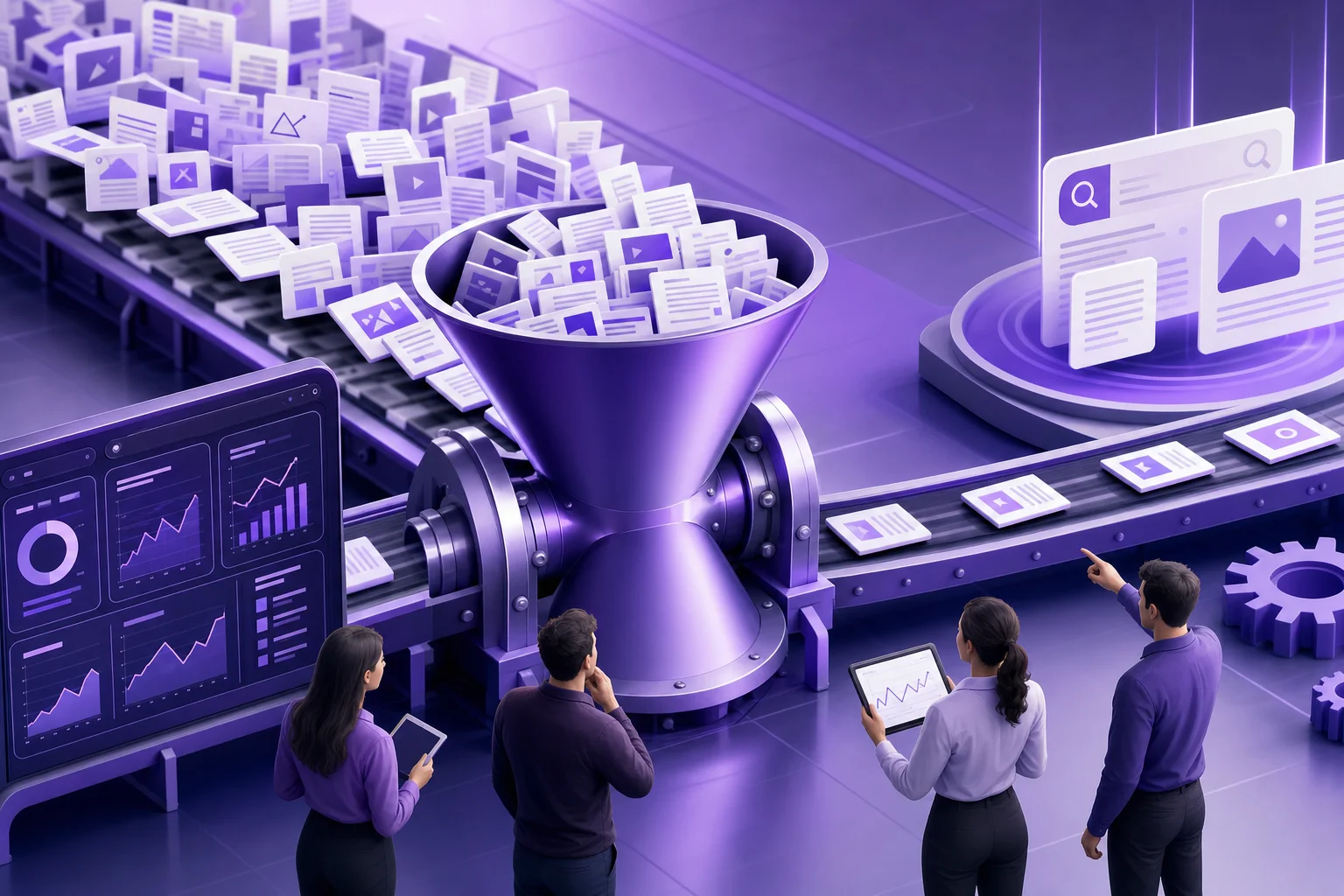 content production bottleneck - Marketing team reviewing a content workflow dashboard in an office