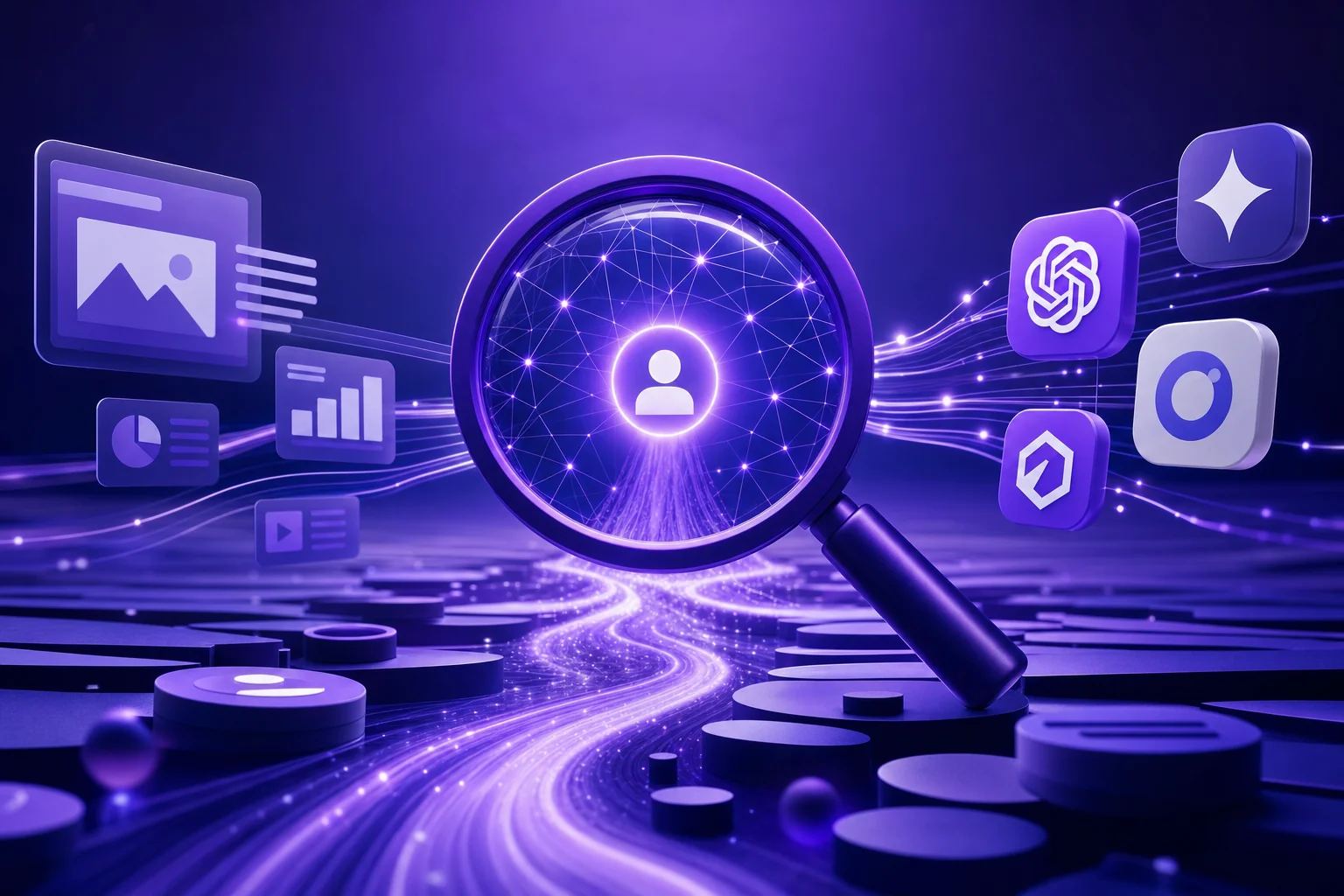what is generative engine optimization - Marketer reviewing AI search visibility dashboards on a laptop