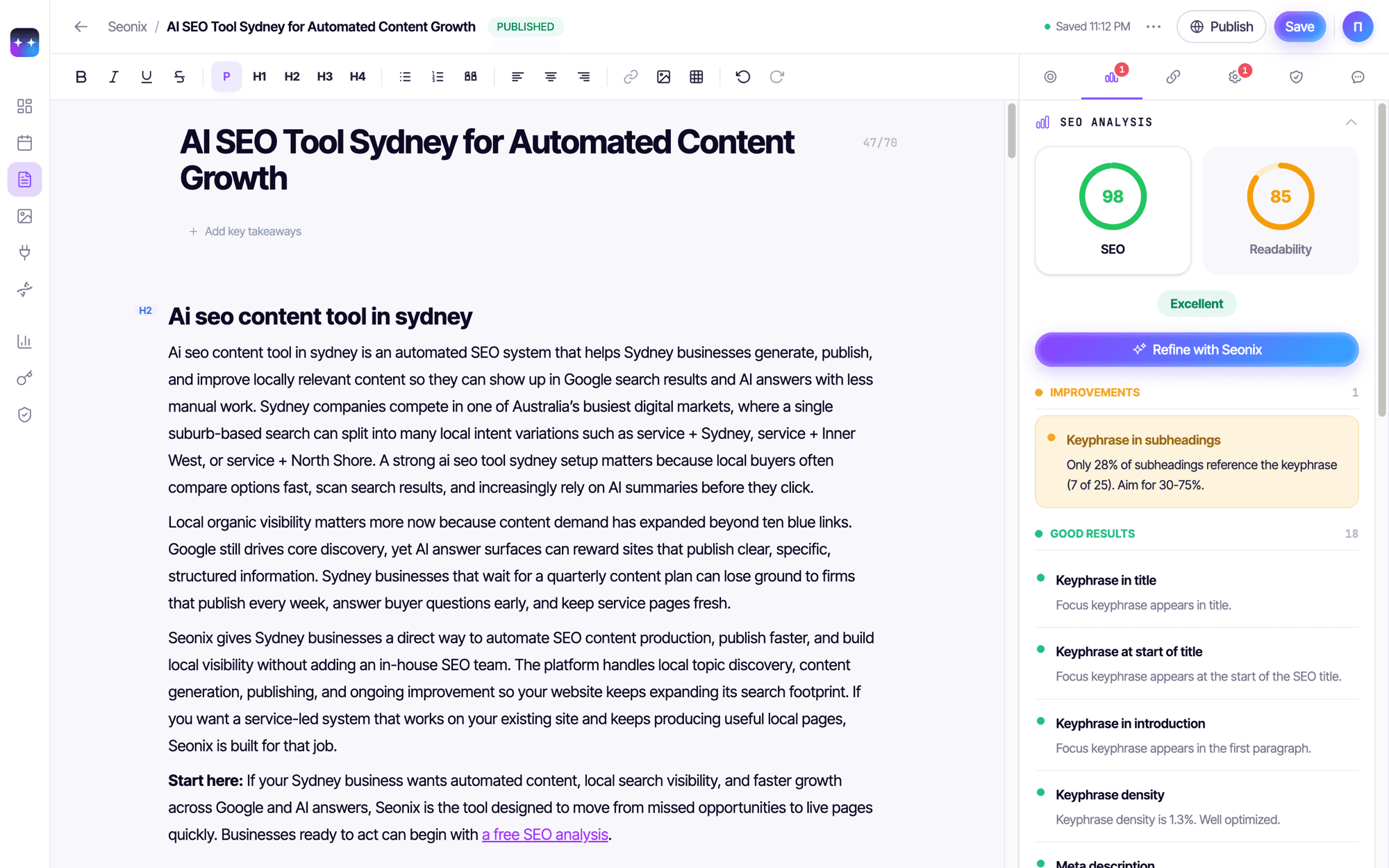 Seonix article editor with a published article scoring 98 for SEO and 85 for readability, with the checks panel open