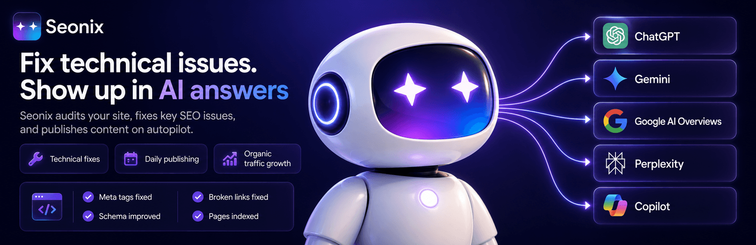 The official plugin connects your WordPress site to Seonix — automated SEO audits, AI-written articles, and one-click fixes, published on autopilot.