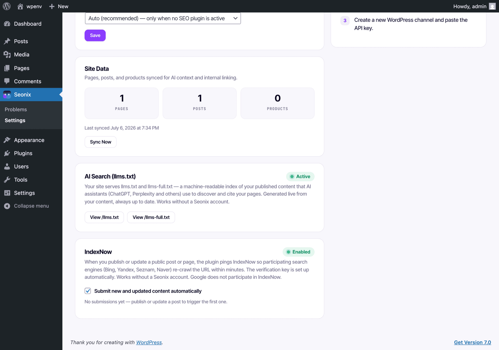 Seonix plugin settings in WordPress showing AI Search (llms.txt) active and IndexNow enabled
