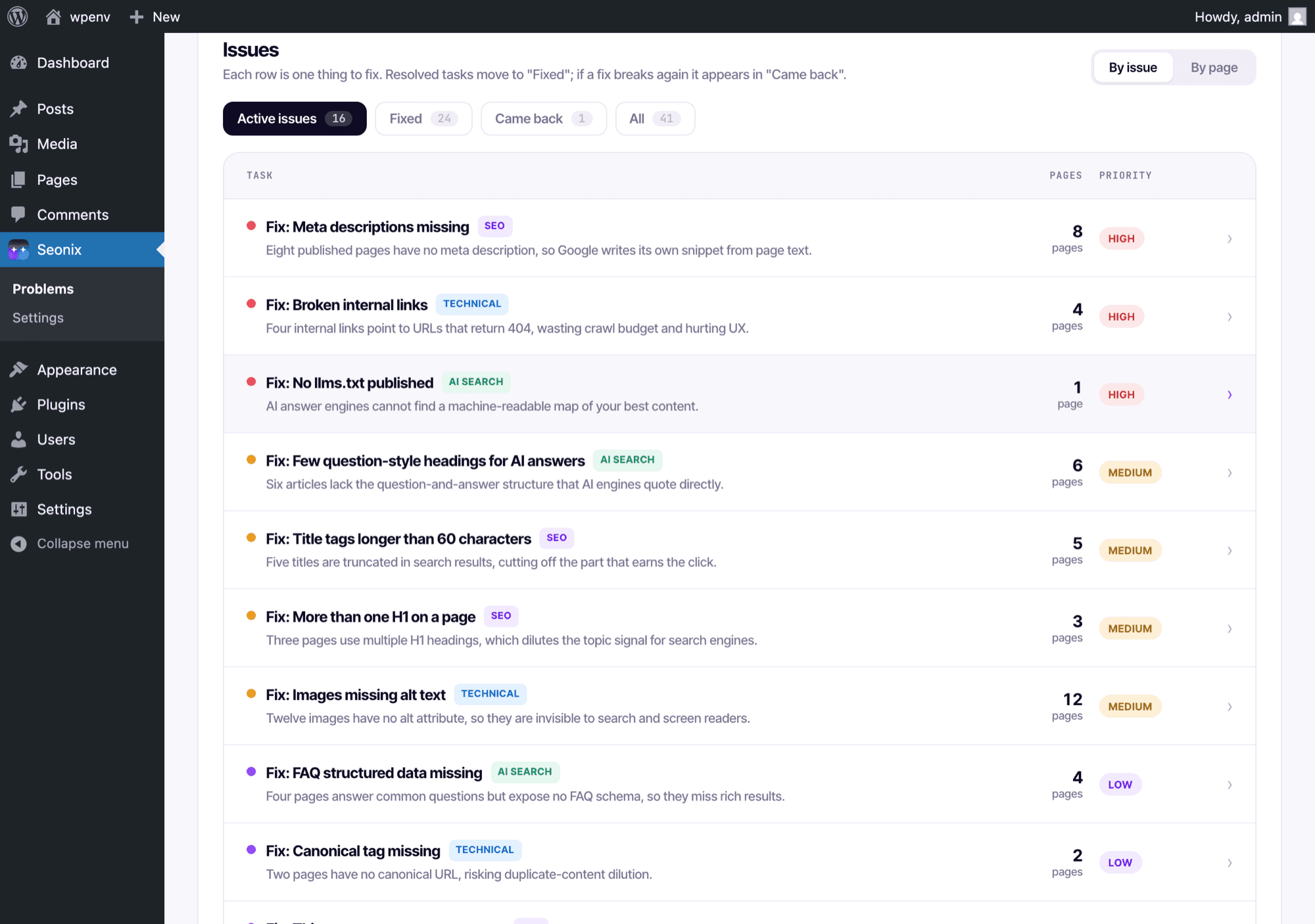 Seonix issue list inside the WordPress admin with prioritized fix tasks