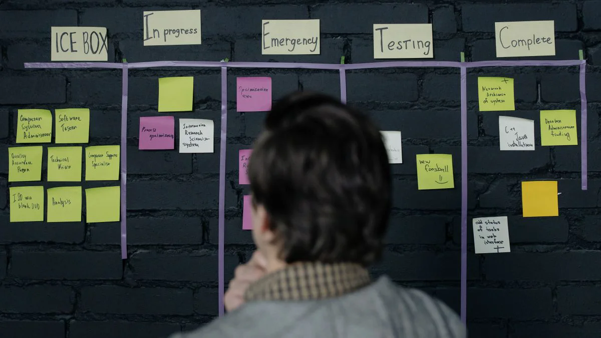 Team members reviewing a workflow board with task cards and approval steps