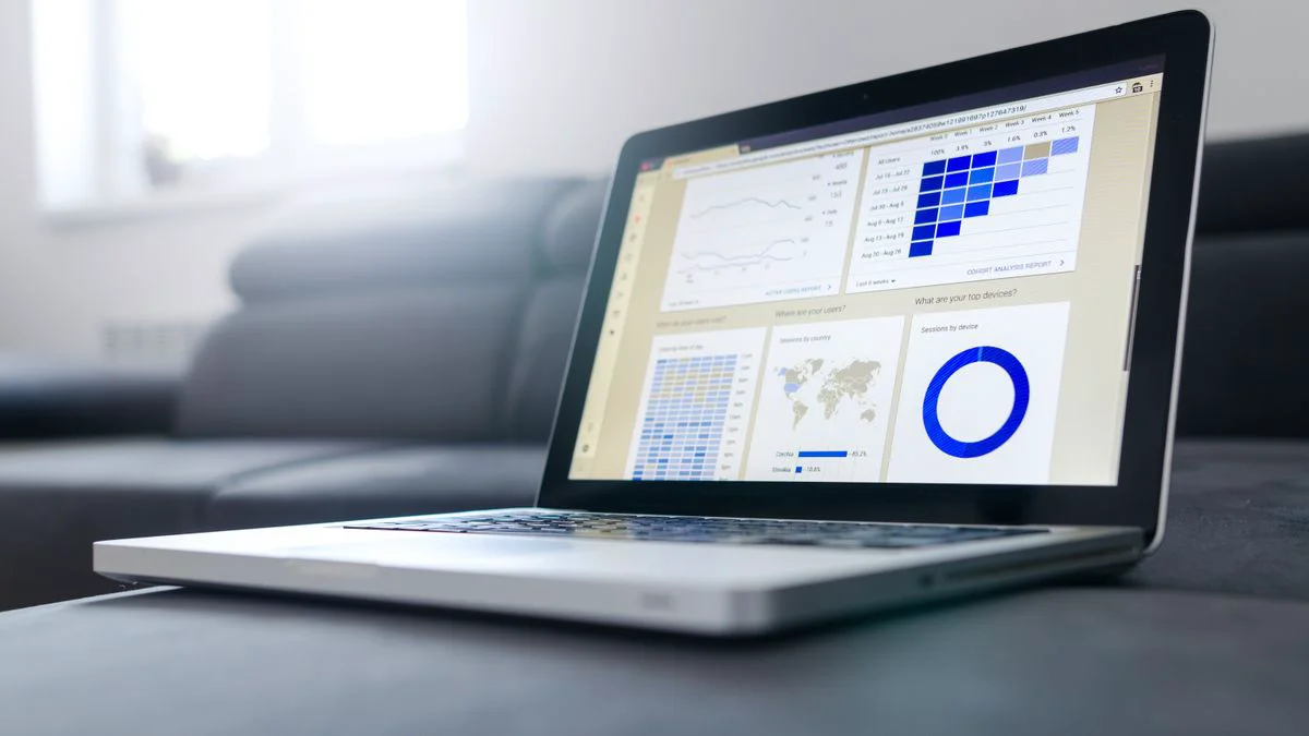 Laptop showing charts and performance metrics for content tracking