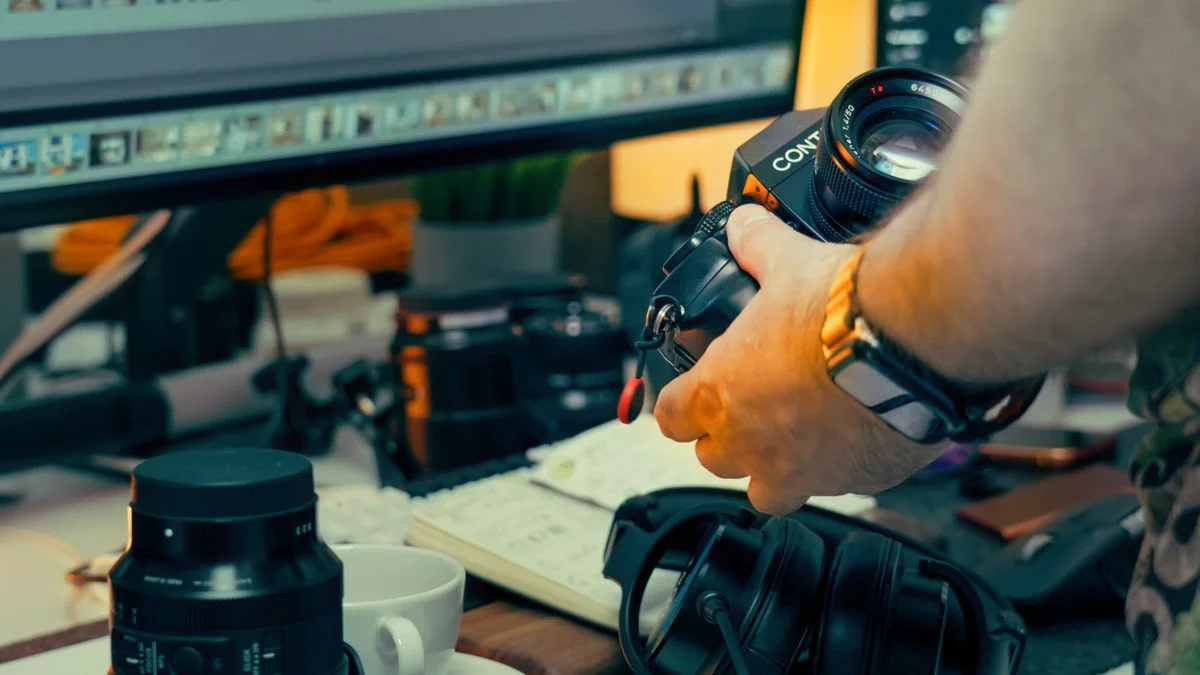 A marketer reviewing a content workflow on a laptop at a desk