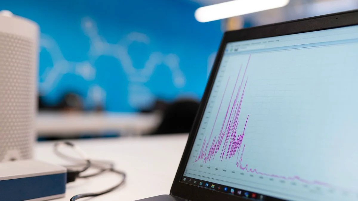 Laptop screen with rising performance chart and notes about content results