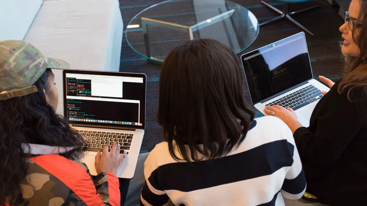 Two colleagues checking software on a laptop during a working session