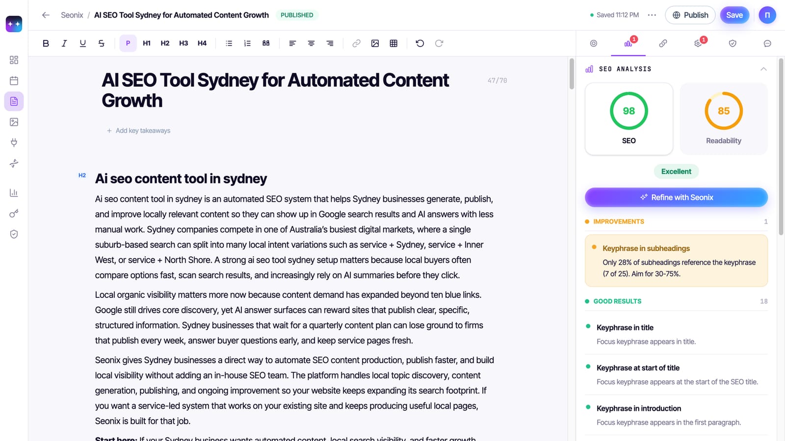 Seonix article editor showing an AI-written article with an SEO score of 98 and a readability score of 85