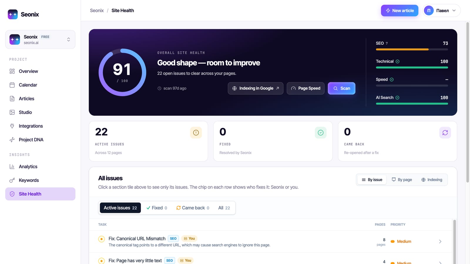 Seonix Site Health dashboard: an overall score of 91 out of 100, SEO, technical, speed and AI search scores, and the list of issues to fix