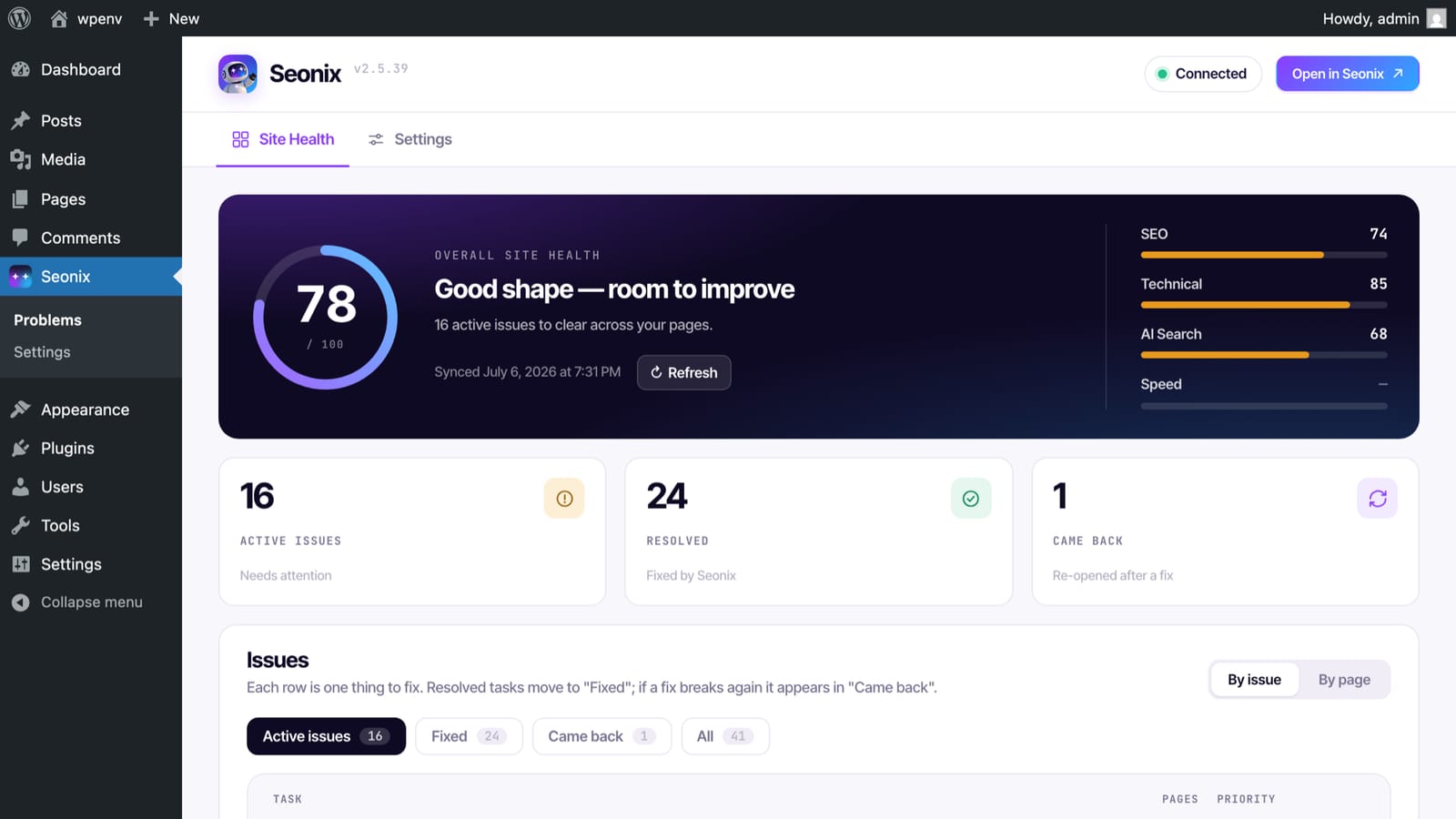 Seonix plugin in the WordPress admin: a site health score of 78 out of 100 with SEO, technical and AI search scores